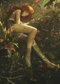 1girl absurdres barefoot black_shorts chinese_commentary commentary_request cracked_skin flower full_body grass highres long_hair looking_at_viewer lying nature on_grass on_side original outdoors pink_flower red_hair scenery shallow_water shirt short_shorts shorts sleeveless sleeveless_shirt solo sunlight wang-xi water yellow_flower