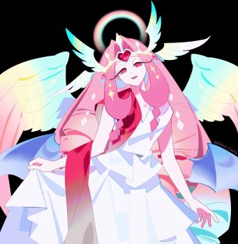 1girl :d angel_wings arm_at_side bare_arms bare_shoulders black_background blue_wings collarbone cookie_run cookie_run:_kingdom cowboy_shot demon_wings dress drill_hair eternal_sugar_cookie flipped_sidelocks frilled_dress frills hair_behind_ear halo head_wings heart highres humanization long_hair medium_dress multicolored_wings multiple_wings open_mouth pink_eyes pink_hair pink_halo pink_wings shime52631 sidelocks simple_background skirt_hold sleeveless sleeveless_dress smile solo sparkle standing twitter_username very_long_hair white_dress white_eyeshadow wings yellow_wings
