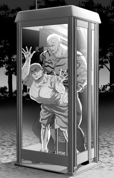 2boys absurdres against_glass bara boy_on_top from_outside grappler_baki hand_on_glass highres jack_hanma male_focus male_penetrated mature_male multiple_boys muscular non-web_source parody phone_booth sex sikorsky_(grappler_baki) standing standing_sex yaoi
