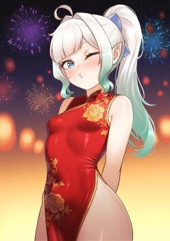 Rule 34 | absurdres, ahoge, arms behind back, blowing kiss, blue eyes, breasts, china dress, chinese clothes, cipher4109, densetsu.exe, dress, fireworks, gradient hair, green hair, heart, highres, hip focus, mint fantome, multicolored hair, one eye closed, pointy ears, ponytail, red dress, sidelocks, small breasts, tight clothes, virtual youtuber, white hair