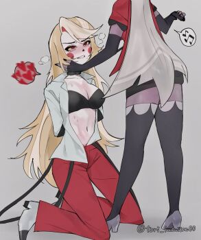 2girls arms_behind_back black_bra black_gloves black_skirt black_thighhighs blonde_hair blush bra charlie_morningstar circle_facial_mark colored_sclera colored_skin elbow_gloves facial_mark facing_another fingerless_gloves gloves grey_background grey_hair grey_shoes hand_on_another's_cheek hand_on_another's_face hazbin_hotel heart heavy_breathing hellaverse high_heels highres kneeling long_hair looking_at_another multiple_girls musical_note navel open_clothes open_shirt pants red_eyes red_pants red_shirt shirt shoes short_sleeves simple_background skirt spoken_heart spoken_musical_note stomach sweat teeth thighhighs tori_kawaiine00 twitter_username underwear vaggie very_long_hair white_shirt white_shoes white_skin yellow_sclera yuri