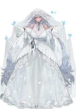 1girl absurdly_long_hair absurdres alternate_costume animal_ears artist_name azur_lane bare_shoulders blue_butterfly blue_eyes bow breasts bridal_veil bride bug butterfly choker cleavage closed_mouth commentary_request dark-skinned_female dark_skin dishwasher1910 double-parted_bangs dress empire_waist facing_viewer floppy_ears fox_ears fox_girl full_body garter_straps gown grey_hair halter_dress halterneck hands_up highres insect large_breasts layered_dress long_hair long_sleeves long_veil looking_at_viewer looking_to_the_side mandarin_collar no_tail parted_lips see-through_clothes see-through_dress see-through_veil shawl shinano_(azur_lane) simple_background smile solo standing tan translucent veil very_long_hair w_arms waist_bow wedding_dress white_background white_bow white_choker white_garter_straps white_shawl