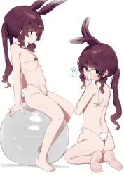 1girl ? animal_ears animated back ball barefoot bikini blue_eyes blunt_bangs blush breasts brown_hair exercise_ball eyewear_on_head feet freckles glasses liely loli long_hair looking_at_viewer looking_back making-of micro_bikini multiple_views original rabbit_ears rabbit_girl rabbit_tail seiza sitting sitting_on_ball small_breasts soles spoken_question_mark string_bikini swimsuit tail thick_eyebrows twintails video