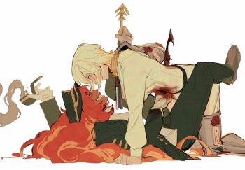 2400db 2girls all_fours alternate_skin_color bent_over blonde_hair blood blood_on_body blood_on_clothes blood_on_hands coat dark-skinned_female dark_skin deep_wound dress_shirt eye_contact faust_(project_moon) green_headwear green_jacket green_pants grin highres holding holding_smoking_pipe holding_weapon injury ishmael_(project_moon) jacket kneeling limbus_company long_hair looking_at_another lying multicolored_hair multiple_girls on_back orange_hair pants project_moon shirt simple_background smile smoke smoke_trail smoking_pipe stab two-tone_hair weapon white_background white_coat white_shirt