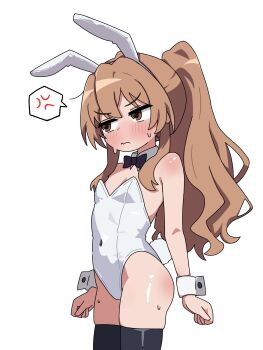 1girl aisaka_taiga anger_vein animal_ears bare_shoulders black_bow black_bowtie black_thighhighs blush bow bowtie breasts brown_eyes brown_hair closed_mouth covered_navel cowboy_shot detached_collar fake_animal_ears fake_tail flat_chest highleg highleg_leotard highres leotard loli long_hair playboy_bunny ponytail rabbit_ears rabbit_tail saewoocho_bab simple_background small_breasts solo spoken_anger_vein standing strapless strapless_leotard sweat sweatdrop tail thighhighs toradora! wavy_mouth white_background white_leotard wrist_cuffs