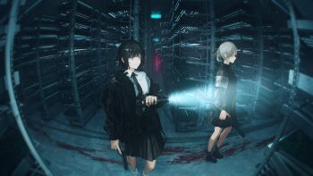 Rule 34 | 2girls, absurdres, assault rifle, black hair, black jacket, black shoes, black skirt, blood, blood trail, closed mouth, desert eagle, expressionless, fisheye, flashlight, grey hair, gun, h&amp;k hk416, handgun, highres, holding, holding flashlight, holding gun, holding weapon, indoors, jacket, lantern2015, long sleeves, multiple girls, off shoulder, open clothes, open jacket, original, pleated skirt, rifle, school uniform, shelf, shirt, shoes, short hair, skirt, weapon, white shirt