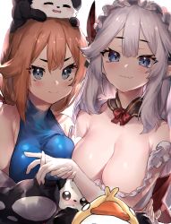 2girls absurdres animal animal_on_head armpit_crease bare_shoulders black_choker blue_eyes blue_shirt breasts choker cleavage dress fang highres indie_virtual_youtuber large_breasts long_hair looking_at_viewer multiple_girls neonbeat on_head orange_hair panda pointy_ears samantha_(admiral_bahroo) shirt sidelocks sleeveless sleeveless_shirt smile umeru_(admiral_bahroo) upper_body v-shaped_eyebrows vei_(vtuber) vei_(vtuber)_(4th_costume) virtual_youtuber white_dress white_hair