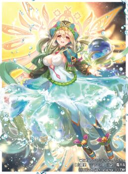 1girl blonde_hair blue_pantyhose blue_shoes border breasts cleavage copyright_notice dress earth_(planet) large_breasts long_hair looking_at_viewer mary_janes official_art ori_simo pantyhose planet red_eyes shoes solo sun the_earth_(wixoss) two_side_up white_border white_dress wixoss