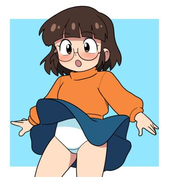 1girl blue_background blue_skirt blush brown_eyes brown_hair crotch_seam glasses loli long_sleeves looking_down open_mouth orange_shirt original panties shirt short_hair skirt standing surprised underwear white_panties wind wind_lift yume_yoroi