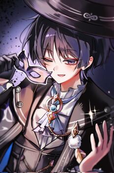 1boy aiguillette alternate_costume ascot black_cloak black_gloves black_hair black_hat black_vest blue_ascot blue_gemstone blunt_ends boater_hat brooch cat_mask cloak collared_shirt colored_eyelashes commentary_request diffraction_spikes domino_mask eye_mask eyeliner eyeshadow feathers formal_clothes frilled_shirt_collar frills gem genshin_impact glint gloves half_gloves hands_up hat highres holding holding_mask jewelry korean_commentary lapels layered_ascot light_blush looking_down makeup male_focus mask one_eye_closed open_hand open_mouth pom_pom_(clothes) purple_ascot purple_eyes purple_mask red_eyeliner red_eyeshadow scaramouche_(genshin_impact) shirt solo tmzkfkdwk tsurime undershirt upper_body vest wanderer_(genshin_fes_2026)_(genshin_impact) wanderer_(genshin_impact) white_shirt white_trim wispy_bangs yellow_feathers