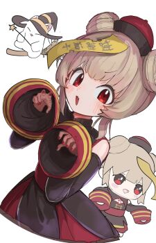 1girl black_dress black_sleeves blonde_hair blush broom broom_riding chibi chinese_clothes claw_pose cropped_legs cropped_torso detached_sleeves double_bun dress fang hair_bun halloween_costume hands_up hat highres holding holding_wand jiangshi_costume long_sleeves looking_at_viewer mosuroshyu multiple_views nail_polish natori_sana natori_sana_(jiangshi) ofuda open_mouth qingdai_guanmao red_eyes red_nails sana_channel simple_background sleeveless sleeveless_dress smile solo virtual_youtuber wand white_background wide_sleeves witch_hat