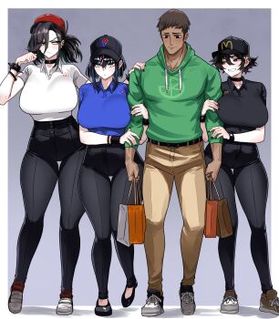 1boy 3girls absurdres arm_hug bag baseball_cap belt black_belt black_choker black_hair black_nails black_pants black_shirt black_shoes blue_eyes blue_hair blue_shirt blush border bracelet breast_press breasts brown_hair brown_pants choker collared_shirt colored_inner_hair commission contrapposto domino's_pizza double_arm_hug earrings employee_uniform frown full_body girl_sandwich green_eyes green_hair green_hoodie grey_background grin hair_between_eyes hair_over_one_eye hand_on_another's_shoulder hat high-waist_pants highres holding holding_bag hood hoodie huge_breasts jewelry kfc light_smile looking_at_another mcdonald's mole mole_under_eye mole_under_mouth multicolored_hair multiple_girls original outside_border pants polo_shirt red_eyes sandwiched shirt shoes short_hair short_hair_with_long_locks side_ponytail smile sneakers spiked_bracelet spikes standing stud_earrings sweatband thick_thighs thigh_gap thighs vlizz white_border white_shirt white_shoes