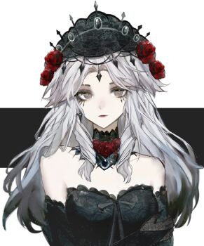 Rule 34 | 1girl, ada mesmer, ada mesmer (everlasting night), anlingennny, bare shoulders, black bridal gauntlets, black collar, black dress, black gloves, black hair, breasts, bridal gauntlets, chinese commentary, collar, collarbone, commentary request, curly sidelocks, curtained hair, detached collar, dress, earrings, elbow gloves, flower, gloves, gradient hair, grey eyes, grey lips, hair ornament, highres, identity v, jewelry, lace collar, long hair, looking at viewer, medium breasts, multicolored hair, red flower, red rose, rose, simple background, sleeveless, sleeveless dress, solo, strapless, strapless dress, wavy hair, white background, white hair