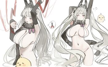 1girl :d animal_ears arm_up azur_lane bikini blush bottomless breasts cleavage closed_mouth commentary_request cropped_legs cropped_torso fake_animal_ears fang formidable_(azur_lane) formidable_(rockin'_encore)_(azur_lane) grey_hair hair_ornament hands_up highres huge_breasts long_hair lunifish manjuu_(azur_lane) multiple_views navel no_panties official_alternate_costume one_eye_closed open_mouth rabbit_ears red_eyes simple_background skin_fang sleeveless smile stomach swimsuit thighs twintails very_long_hair white_background white_bikini x_hair_ornament