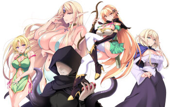 4girls ass black_capelet blonde_hair blue_capelet blue_eyes boots braid breasts capelet cleavage cloak clothing_cutout dress earrings elf elf_chief_(ninoko) elf_ni_inmon_wo_tsukeru_hon garter_straps green_dress green_skirt hair_ribbon highres hip_vent huge_breasts jewelry large_breasts long_skirt misty_(ninoko) multiple_earrings multiple_girls navel navel6shirt ninoko official_art pointy_ears purple_eyes purple_skirt red_eyes revealing_clothes ribbon sidelocks simple_background skirt stomach sylpha_(ninoko) tentacles thick_thighs thighhighs thighs white_background white_garter_straps white_thighhighs wide_hips yellow_eyes