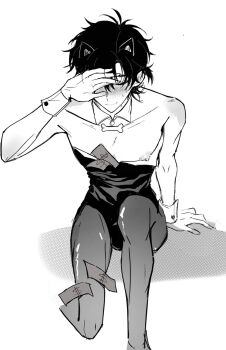 1boy alternate_costume animal_ears antenna_hair arm_support banknote bare_arms bare_shoulders blush cat_ears cheng_xiaoshi closed_eyes closed_mouth collarbone covering_face covering_own_eyes crossdressing crossdressing_(mtf) detached_collar embarrassed fake_animal_ears greyscale hand_on_own_face hand_up highres knee_up leotard male_focus male_playboy_bunny money monochrome nipple_slip nipples pantyhose pectorals playboy_bunny ponytail qianmo_saya shiguang_dailiren short_hair short_ponytail simple_background sitting smile solo strapless sweat tucked_money white_background wrist_cuffs