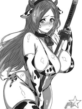 1girl animal_ears animal_print art_errrday artist_name bare_shoulders bikini bleach bleach:_sennen_kessen-hen blush breasts closed_mouth collarbone cow_print cow_print_bikini cow_print_gloves cow_print_thighhighs cowbell elbow_gloves fake_animal_ears fake_horns female_focus gloves hair_ornament hairclip hashtag-only_commentary highres holding holding_sword holding_weapon horns inoue_orihime large_breasts legs_together lips long_hair monochrome print_bikini print_gloves print_thighhighs shiny_skin simple_background snowflake_hair_ornament star_(symbol) string_bikini swimsuit sword tensa_zangetsu_(bankai) thighhighs thighs weapon white_background zanpakutou