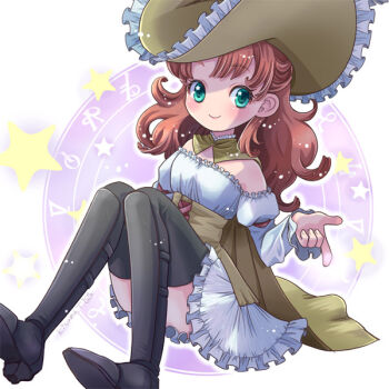 1girl black_thighhighs cape closed_mouth curly_hair dragon_quest dragon_quest_vii dress full_body green_eyes hat kisamu long_hair looking_at_viewer maribel_(dq7) skirt smile solo thighhighs