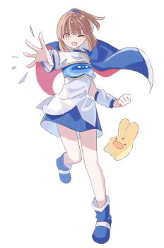 1girl arle_nadja arm_warmers armor armored_dress blue_boots blue_skirt boots breastplate brown_eyes brown_hair cape carbuncle_(puyopuyo) dress highres madou_monogatari magic minagi_379 one_eye_closed open_mouth ponytail puyopuyo sidelocks skirt two-tone_cape