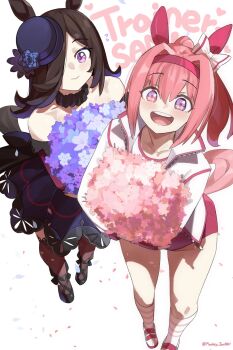 2girls animal_ears bare_shoulders black_thighhighs brown_hair dress flower haru_urara_(bestest_prize)_(umamusume) haru_urara_(umamusume) highres holding holding_flower horse_ears horse_girl jacket looking_at_viewer monkey_jon multiple_girls open_clothes open_jacket open_mouth pink_eyes pink_hair purple_dress purple_eyes rice_shower_(rosy_dreams)_(umamusume) rice_shower_(umamusume) smile thighhighs twitter_username umamusume white_jacket