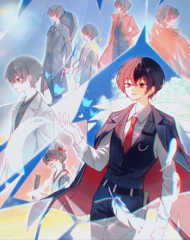 6+boys armband belt beret black_belt black_coat black_eyes black_hair black_necktie black_pants black_vest broken_glass bug buhuaixiaoguai butterfly cape chromatic_aberration coat coat_on_shoulders collared_shirt commentary crystal_wings e.g.o_(project_moon) english_commentary falling_feathers feathers fell_bullet_(e.g.o) glass glass_shards green_armband grey_coat gun hanbok handgun hat highres holding holding_gun holding_weapon insect korean_clothes lab_coat lapels limbus_company liu_association_south_uniform lobotomy_corporation_(identity)_(project_moon) long_sleeves male_focus multiple_boys multiple_persona multiple_views n_corp._e.g.o_(identity)_(project_moon) necktie notched_lapels open_clothes open_coat open_mouth pants ponytail project_moon red_cape red_coat red_necktie ring_(identity)_(project_moon) sang_yi_(project_moon) shirt short_hair short_ponytail smile solemn_lament_(e.g.o) spicebush_(e.g.o) technology_liberation_alliance_(identity)_(project_moon) vest weapon white_coat white_shirt wings yi_sang_(project_moon)