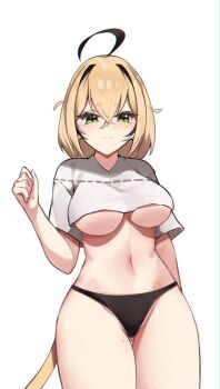 1girl ahoge black_panties blonde_hair breasts closed_mouth commentary cowboy_shot crop_top cropped_shirt crossed_bangs dooby double-parted_bangs english_commentary gluteal_fold hair_between_eyes hair_intakes hand_up highres indie_virtual_youtuber large_breasts long_bangs looking_at_viewer medium_hair multicolored_hair navel no_bra no_pants panties raised_inner_eyebrows shirt short_eyebrows short_sleeves simple_background skaarl_(artist) solo standing stomach streaked_hair twitter_strip_game underboob underwear virtual_youtuber white_background white_shirt