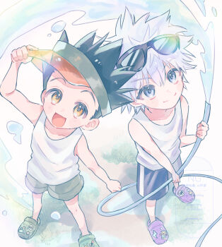 2boys :d bare_arms bare_shoulders black_hair blue_eyes blue_shorts closed_mouth collarbone commentary_request crocs eyewear_on_head full_body gon_freecss green_shoes green_shorts hand_on_headwear hat highres holding holding_hose hose hunter_x_hunter killua_zoldyck looking_at_viewer male_focus multiple_boys open_mouth orange_hat poche_(opochepoche) purple_shoes shirt shoes short_hair shorts sleeveless sleeveless_shirt smile spiked_hair standing sunglasses visor_cap water watermark white_hair white_shirt yellow_eyes