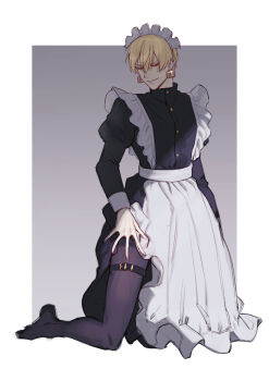 Rule 34 | 1boy, absurdres, alternate costume, apron, belt buckle, black pantyhose, blonde hair, border, buckle, buttons, clenched teeth, clothes lift, commentary request, crossdressing, crossdressing (mtf), earrings, fate (series), gilgamesh (fate), glint, hair between eyes, highres, jewelry, kneeling, long sleeves, looking at viewer, maid apron, maid headdress, male focus, open hand, pantyhose, raisakaki01, red eyes, short hair, skirt, skirt lift, smile, solo, teeth, thigh strap, white border
