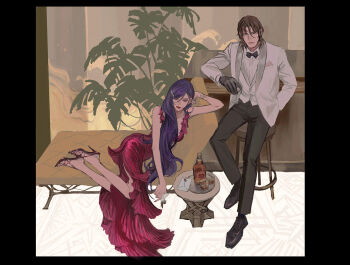 1boy 1girl alcohol black_border black_pants black_shoes border breasts brown_hair cleavage cup dress drinking_glass envelope genderswap genderswap_(mtf) gundam gundam_00 high_heels huangdanlan jacket lockon_stratos long_hair pants plant purple_hair red_dress shirt shoes short_hair shot_glass sitting stool tieria_erde whiskey white_jacket white_shirt