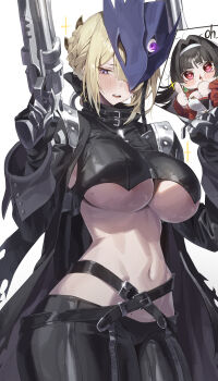 2girls absurdres astra_yao beelstarmon beelstarmon_(cosplay) black_hair black_pants blonde_hair blood blush breasts coin cosplay cowboy_shot digimon evelyn_chevalier gun hair_intakes highres holding holding_gun holding_weapon large_breasts looking_down mole mole_on_breast mole_under_eye multiple_girls navel netural nosebleed pants parted_lips purple_eyes ring_hair_ornament short_hair sidelocks simple_background solo_focus stomach thumbs_up tight_clothes tight_pants underboob weapon white_background zenless_zone_zero