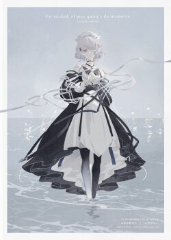 Rule 34 | 1girl, absurdres, arknights, bandages, bare shoulders, black dress, black pantyhose, border, breasts, chinese commentary, collared dress, commentary request, detached sleeves, dress, ek276, eyepatch, full body, gloves, grey background, hair ornament, hair over one eye, highres, long sleeves, looking at viewer, medical eyepatch, ocean, outdoors, pantyhose, short hair, sky, solo, spanish text, standing, wading, water, whisperain (arknights), white border, white dress, x hair ornament