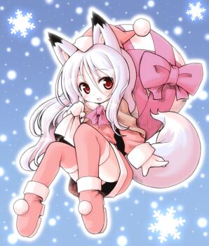 1girl animal_ears boots brown_cape cape closed_mouth commentary_request concon-collector dress fox_ears fox_girl fox_tail hair_between_eyes hat hatching_(texture) holding holding_sack invisible_chair linear_hatching long_hair long_sleeves meta&#039;36 neck_ribbon open_mouth pantyhose pink_ribbon pom_pom_(clothes) red_boots red_dress red_eyes red_pantyhose ribbon sack santa_costume santa_dress santa_hat short_dress sitting smile snowflakes solo tail white_hair