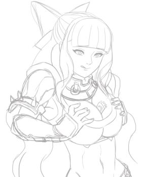 arm_guards aventail bow breasts breasts_squeezed_together charlotte_(fire_emblem) cleavage cleft_of_venus condom fire_emblem fire_emblem_fates hair_bow large_breasts licking_lips long_hair midriff navel nintendo pauldrons seductive_gaze shoulder_armor sketch straight_bangs tongue tongue_out