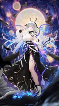 1girl animal bird black_wrist_cuffs boots breasts character_request closed_mouth earrings expressionless eyeshadow full_body highres holding_orb houchi_shoujo jewelry large_breasts long_hair looking_at_viewer makeup moon official_art pale_skin pink_eyeshadow pointy_ears puffy_sleeves purple_eyes sideboob solo_focus v-shaped_eyebrows very_long_hair white_boots white_hair wrist_cuffs