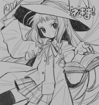 Rule 34 | 1girl, ayase yue, book, coat, commentary, greyscale, hat, highres, holding, holding wand, long hair, long sleeves, looking at viewer, mahou sensei negima!, miniskirt, monochrome, neck ribbon, open book, open clothes, open coat, pepeppepe101, plaid clothes, plaid skirt, ribbon, skirt, solo, thighhighs, vest, wand, witch hat