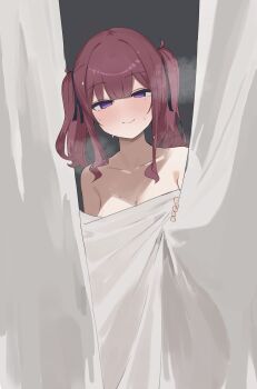 1girl absurdres breasts cevio collarbone commentary curtains highres light_smile long_hair looking_at_viewer narukami_numari natsuki_karin purple_eyes red_hair sidelocks silhouette solo topless_female twintails wet