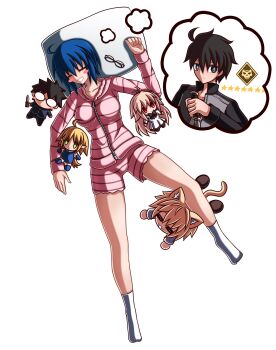 1boy 4girls absurdres ahoge arcueid_brunestud black_hair black_shirt blonde_hair blue_hair blush breasts ciel_(tsukihime) dreaming fate/grand_order fate_(series) glasses green_eyes highres holding holding_knife knife large_breasts looking_at_viewer multiple_girls mystic_eyes_of_death_perception nanako_(tsukihime) neco-arc pajamas pillow red_eyes sakurello shirt short_hair sleeping socks tsukihime tsukihime_(remake) white_socks