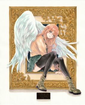 1girl angel_wings black_thighhighs blush boots brown_boots brown_sweater closed_mouth commentary_request from_side full_body green_skirt highres kinako_kinako7 long_hair long_sleeves looking_at_viewer looking_to_the_side marker_(medium) miniskirt original parted_bangs picture_frame pink_hair pleated_skirt sitting skirt smile solo sweater thighhighs traditional_media wavy_hair white_wings wings