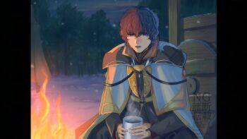 1boy absurdres commentary_request cup fire_emblem fire_emblem:_radiant_dawn highres holding holding_cup male_focus night nintendo outdoors parted_lips pelleas_(fire_emblem) pillarboxed short_hair snow snowing solo watakon_(owatakon47)