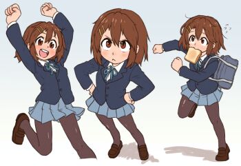 1girl bag beachepisode blush bread bread_slice brown_eyes brown_hair clenched_hands commentary english_commentary food food_in_mouth hair_ornament hairclip highres hirasawa_yui jacket k-on! mouth_hold pantyhose running sakuragaoka_high_school_uniform school_uniform shoes short_hair skirt toast toast_in_mouth winter_uniform