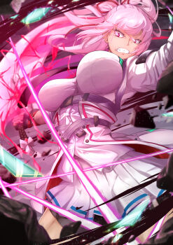 1girl absurdres asakura-siki breasts clenched_teeth commentary_request heaven_burns_red highres holding holding_weapon large_breasts pink_eyes pink_hair shorts skirt teeth tsukishiro_monaka weapon