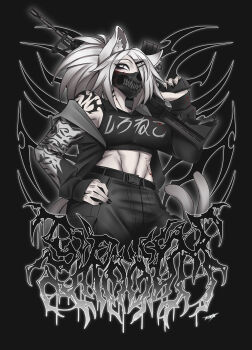 Rule 34 | 1girl, absurdres, animal ear fluff, animal ears, arm tattoo, black background, black jacket, black pants, black sports bra, breasts, clothes writing, commentary, commission, english commentary, gun, hair over one eye, hand on own hip, highres, holding, holding gun, holding weapon, jacket, jacket partially removed, large breasts, long hair, long sleeves, looking to the side, mask, midriff, mouth mask, multiple tails, one eye covered, original, pants, parted bangs, rifle, skull mask, solo, sports bra, st41nn, tail, tattoo, two tails, weapon, white eyes, white hair