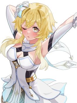 Rule 34 | ;o, arm behind head, arm up, ay 18kusanagi, blonde hair, breasts, cleavage, commentary, dress, flower, genshin impact, hair flower, hair ornament, hashtag-only commentary, highres, looking at viewer, lumine (genshin impact), one eye closed, open mouth, short hair with long locks, sidelocks, white background, white dress, yellow eyes