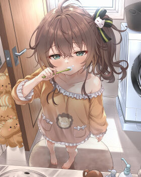 1girl ahoge alternate_costume aqua_eyes bare_shoulders barefoot bathroom black_ribbon blush breasts brown_hair brushing_teeth cat_hair_ornament collarbone crossed_bangs cup ebi_frion_(natsuiro_matsuri) feet frills from_above full_body green_eyes hair_between_eyes hair_ornament hair_ribbon hand_up highres holding holding_toothbrush hololive indoors long_sleeves looking_at_viewer matsurisu medium_hair natsuiro_matsuri off_shoulder open_door pajamas ribbon shirt side_ponytail single_bare_shoulder sink sleepwear sleepy solo standing stuffed_animal stuffed_toy tcdtcd461651 tile_floor tiles toes toothbrush virtual_youtuber washing_machine