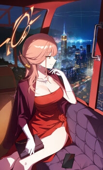 1girl absurdres aru_(blue_archive) aru_(dress)_(blue_archive) bag blue_archive breasts building city cleavage commentary_request dress elbow_gloves flower gloves halo handbag highres holding holding_bag jacket jacket_on_shoulders jewelry large_breasts looking_afar necklace night official_alternate_costume okkimon orange_eyes orange_halo phone red_dress red_flower red_hair red_jacket red_rose ring_of_light_(blue_archive) rose side_slit sky solo strapless strapless_dress thighs white_gloves