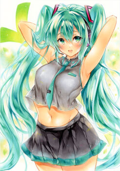 1girl aqua_eyes aqua_necktie armpits arms_up black_skirt blush breasts collared_shirt commentary_request cowboy_shot crop_top cropped_shirt double-parted_bangs green_eyes grey_shirt hair_between_eyes hatsune_miku large_breasts long_bangs long_hair looking_at_viewer marker_(medium) midriff miniskirt navel necktie open_mouth pleated_skirt shirt skirt sleeveless sleeveless_shirt smile solo standing takadono318 traditional_media twintails very_long_hair vocaloid wing_collar