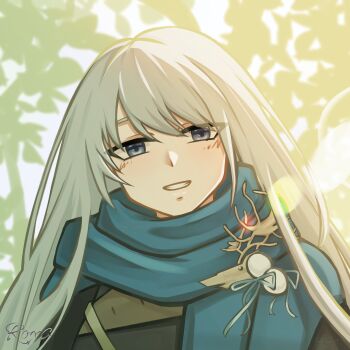 Rule 34 | 1girl, absurdres, bkornblume, black coat, blue eyes, blue scarf, coat, commentary, grey background, grey hair, grin, highres, long hair, looking at viewer, portrait, reverse:1999, roxs (roxss29), scarf, smile, solo, teeth