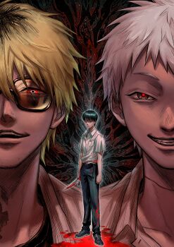 Rule 34 | 3boys, absurdres, black hair, black pants, blonde hair, blood, blood on clothes, blood on ground, bloody knife, buttons, collared shirt, commentary request, evil smile, facial hair, full body, highres, hikaru ga shinda natsu, holding, holding knife, indou hikaru, invisible floor, kitchen knife, knife, looking at viewer, male focus, mole, mole on cheek, mole under eye, mole under mouth, multicolored hair, multiple boys, multiple moles, open mouth, osirisaldington, pants, pocket, red eyes, red pupils, roots (hair), shirt, shirt tucked in, short eyebrows, short hair, short sleeves, smile, standing, stubble, sunglasses, tanaka (hikaru ga shinda natsu), teeth, tsujinaka yoshiki, white hair, white shirt