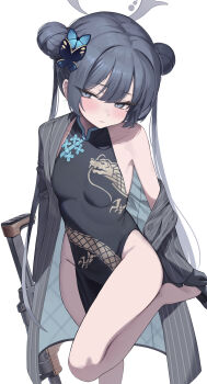 1girl :| absurdres bare_hips bare_legs black_dress black_gloves black_hair blue_archive blush braid braided_bun breasts butterfly_hair_ornament china_dress chinese_clothes closed_mouth collarbone cs/ls06 double_bun dragon_print dress feet feet_up from_side gloves grey_eyes grey_halo grey_jacket gun hair_between_eyes hair_bun hair_ornament half-closed_eyes halo highres holding holding_gun holding_weapon jacket kisaki_(blue_archive) loli long_hair looking_at_viewer no_panties off_shoulder open_clothes open_jacket pelvic_curtain pinstripe_jacket pinstripe_pattern pipi_ya removing_shoes simple_background single_bare_shoulder small_breasts soles solo standing striped_clothes striped_jacket submachine_gun thighs twintails vertical-striped_clothes vertical-striped_jacket weapon white_background