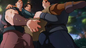 3boys absurdres ass bara brown_hair bulge bulge_to_ass covered_penis disney dizdoodz eyepatch facial_hair flynn_rider from_side grabbing_another&#039;s_ass groping group_sex highres huge_ass large_bulge lifting_person long_sideburns male_focus mmm_threesome multiple_boys muscular muscular_male mutton_chops paid_reward_available patchy_stabbington sideburns sideburns_stabbington size_difference standing tangled thick_eyebrows thick_thighs thighs threesome yaoi